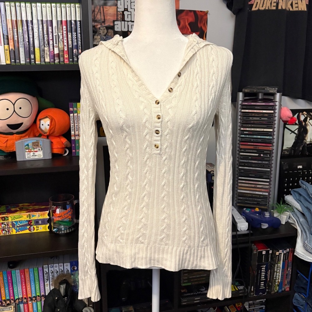Vtg 00s/Y2K Aeropostale Womens Cream Cable Knit Hooded Henley Sweater Sz M